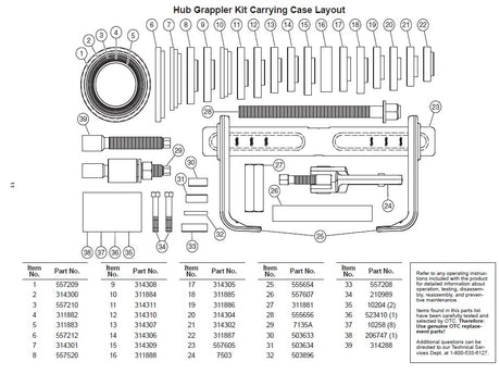 OTC 6575 Hub Grappler Kit Parts List