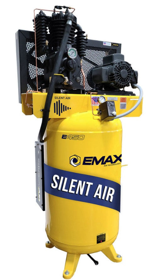 EMAX ESP05V080I1 E450 Series – 5 HP Air Compressor, 80 Gallon, 1 Phase, 2 Stage, Pressure Lubricated, Silent Air System