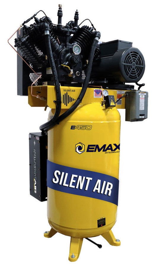 EMAX ESP07V080V1 E450 Series – 7.5 HP Air Compressor, 80 Gallon, 1 Phase, 2 Stage Pressure Lubricated, Silent Air System