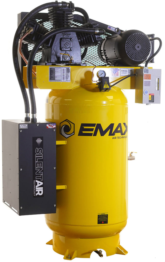 EMAX ESS07V080Y1, Silent Air Industrial 7.5HP 3CYL Two Stage 1Ph 26CFM 80 Gallon Air Compressor w/isolator pads - Splash Lube Pump