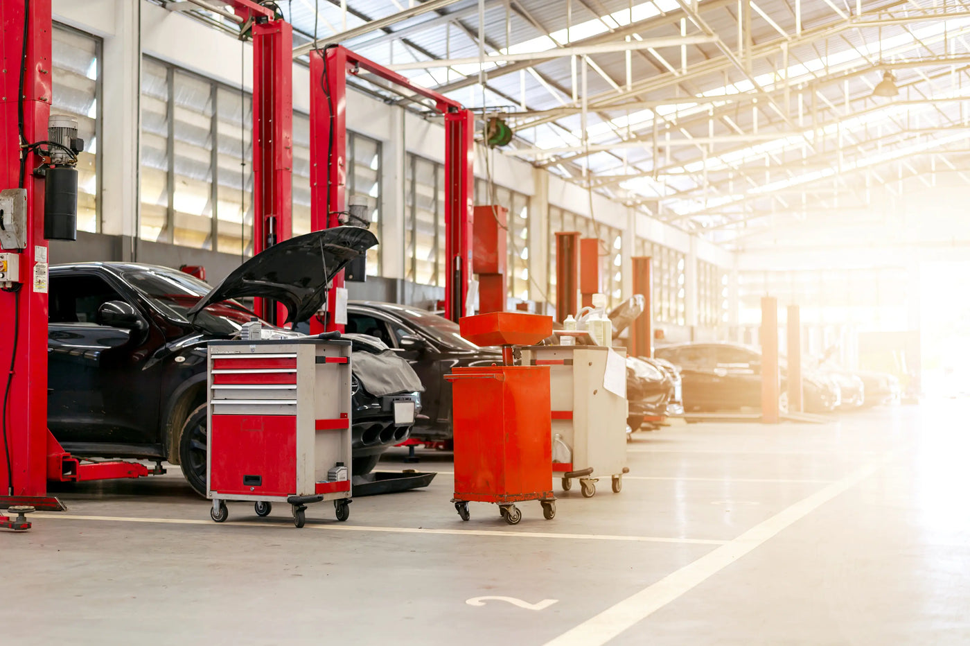 automobile lifts and equipment in an auto shop